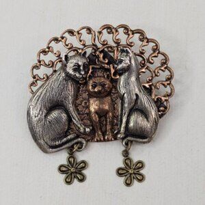 Vintage Bronze Silver Tone Cats Brooch Unmarked Pin